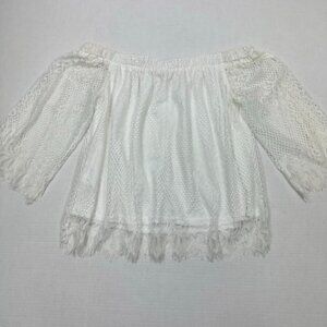 bleuh ciel White Lace Off Shoulder Flowy Coastal 3/4 Sleeve Top, M